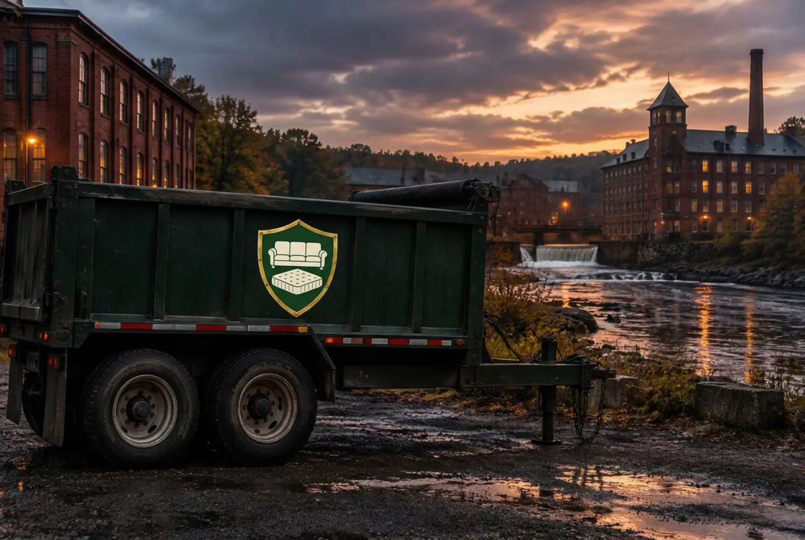 Junk Lords dump trailer with the shield crest painted on its side, parked by the Lewiston mills
